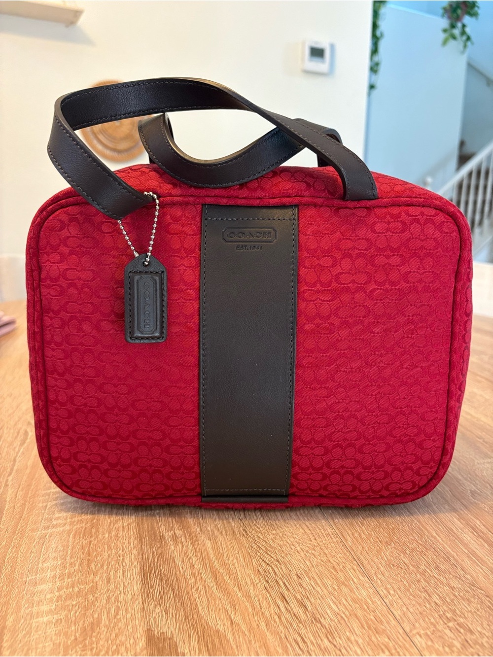 Coach Red Signature Canvas Cosmetic Case with Black Leather Trim